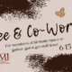 Coffee & Co-Working event graphic for Michigan Studio Space members with an illustration of coffee beans, a mug, and a laptop.
