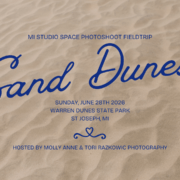 Event graphic for the Sand Dunes Community Photography Field Trip at Warren Dunes State Park on June 28th.