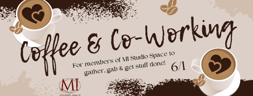 MI Studio Space Members sitting at a table with laptops and mugs for a Coffee & Co-Working 6/1 event.