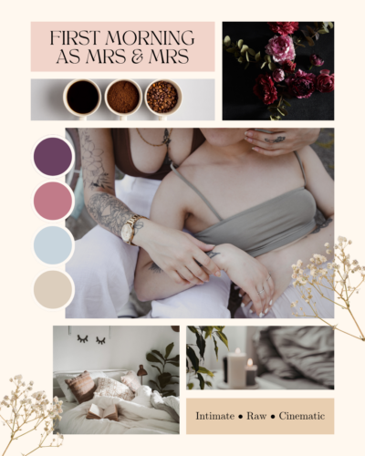 Cozy morning wedding inspiration mood board featuring a grooms' breakfast and coffee for an LGBTQ+ styled photoshoot in Michigan.