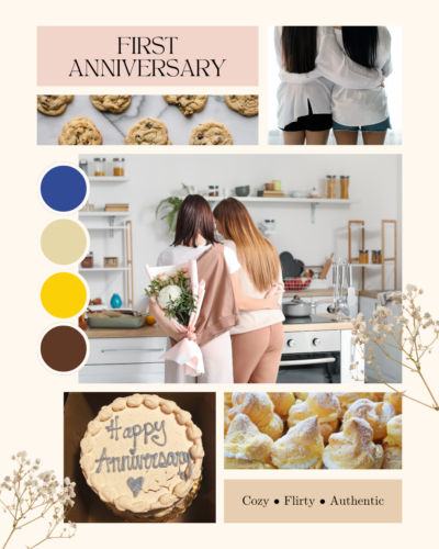 Intimate wedding anniversary photography mood board with a baking theme for a creative couples styled shoot at a West Michigan photography studio.