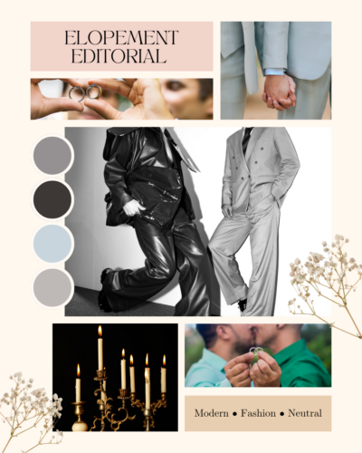 High fashion masculine elopement editorial mood board featuring modern black-tie wedding aesthetics for a Grand Rapids area photographer workshop.