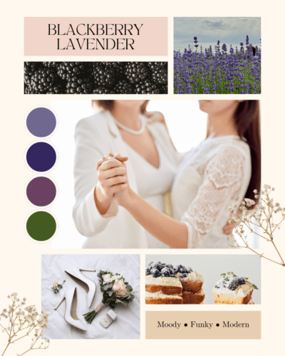 Modern blackberry lavender lesbian wedding fairytale mood board showing a cake cutting and flat lay station for a styled wedding shoot in Michigan.
