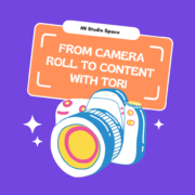 Flat lay and lifestyle photo collage showcasing content creation aesthetics, featuring neon signs, custom drinkware, manicured nails, and an event graphic reading "From Camera Roll to Content with Tori."