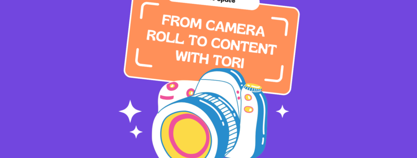 Flat lay and lifestyle photo collage showcasing content creation aesthetics, featuring neon signs, custom drinkware, manicured nails, and an event graphic reading "From Camera Roll to Content with Tori."