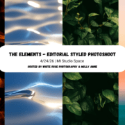 Photography workshop announcement for The Elements Styled Shoot in Michigan, showcasing an editorial aesthetic with water and foliage elements.
