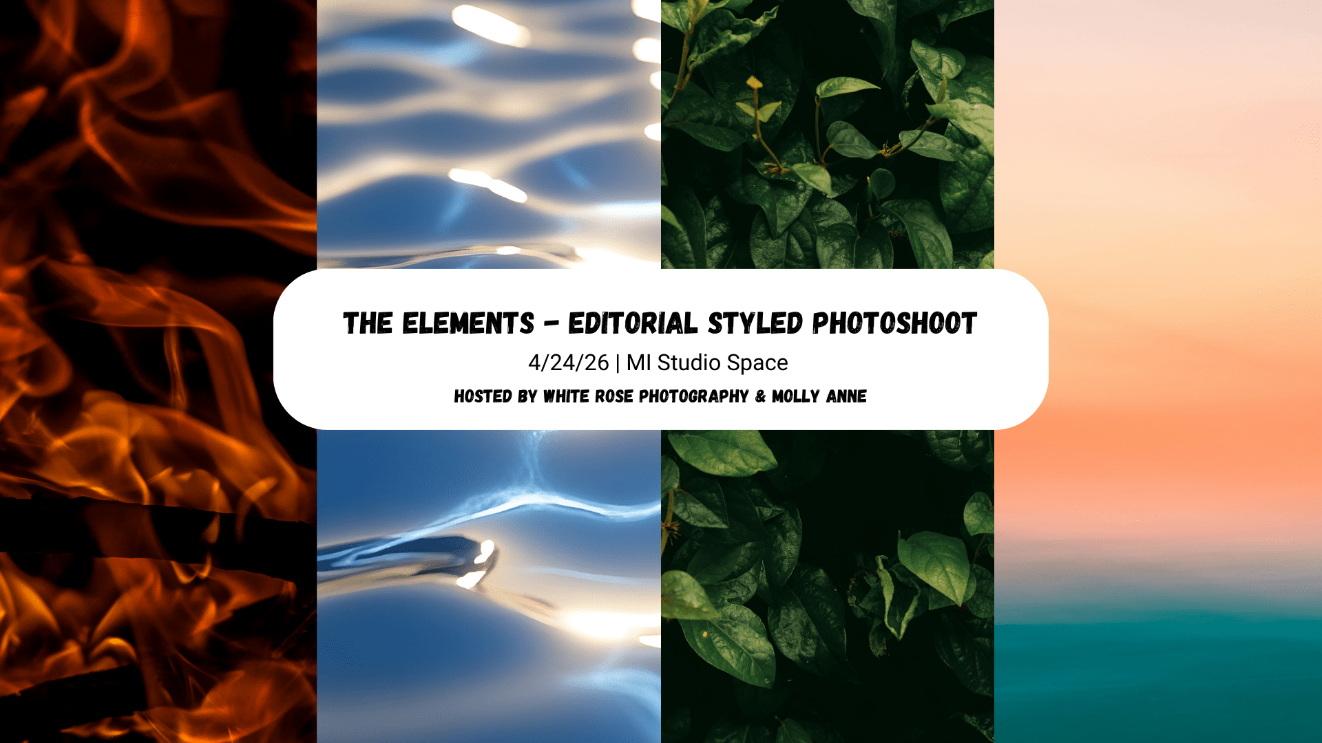 Photography workshop announcement for The Elements Styled Shoot in Michigan, showcasing an editorial aesthetic with water and foliage elements.