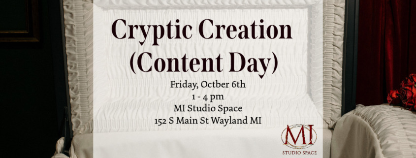 Cryptic Creation Content Day Flier. It's a text overlay with date/time/ contribution & address with a deep colored coffin background