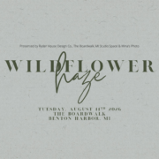 Editorial wedding styled shoot featuring a bride and groom surrounded by vibrant Michigan native wildflowers and sophisticated cannabis botanical arrangements.