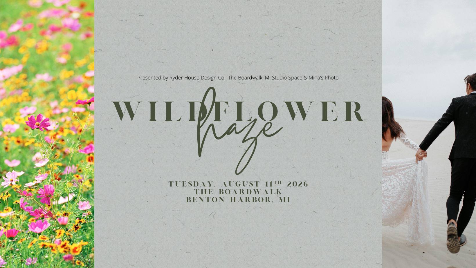Editorial wedding styled shoot featuring a bride and groom surrounded by vibrant Michigan native wildflowers and sophisticated cannabis botanical arrangements.